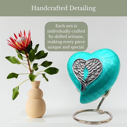 NORSE'S TRADECRAFT Heart Mini Urn for Ashes Adult Male, Female, Metal, Sea Green with Angel Wing Design, Memorial Gifts with Velvet Box, Handcrafted Cremation Urns for Human Ashes and Pet, 3 cu in in Saudi Arabia