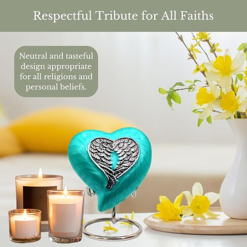 NORSE'S TRADECRAFT Heart Mini Urn for Ashes Adult Male, Female, Metal, Sea Green with Angel Wing Design, Memorial Gifts with Velvet Box, Handcrafted Cremation Urns for Human Ashes and Pet, 3 cu in in Saudi Arabia