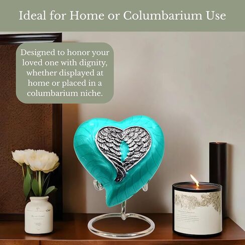 NORSE'S TRADECRAFT Heart Mini Urn for Ashes Adult Male, Female, Metal, Sea Green with Angel Wing Design, Memorial Gifts with Velvet Box, Handcrafted Cremation Urns for Human Ashes and Pet, 3 cu in in Saudi Arabia