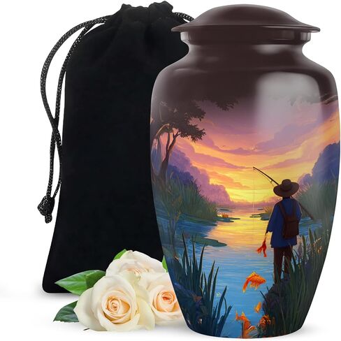 Fishing Cremation Urns for Human Ashes Adult Female & Male - Blue Fisherman Urn for Ashes for Women - Decorative Urns for Mom, Funeral, Burial, Home - Handcrafted Large Size - 10 Inch in Saudi Arabia