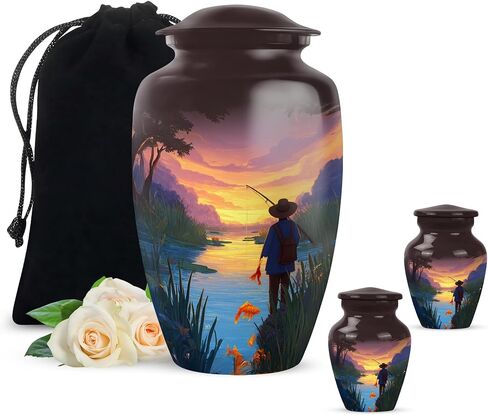 Fishing Cremation Urns for Human Ashes Adult Female & Male - Blue Fisherman Urn for Ashes for Women - Decorative Urns for Mom, Funeral, Burial, Home - Handcrafted Large Size - 10 Inch in Saudi Arabia