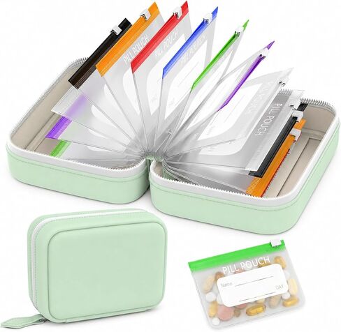 Waterproof Pill Organizer Binder with 14 Color-Coded Pouches, Green Travel Pill Organizer Pouch Set, Portable Pill Binder with Zipper Case for Meds, Vitamins, Supplements & Daily Essentials in Kuwait