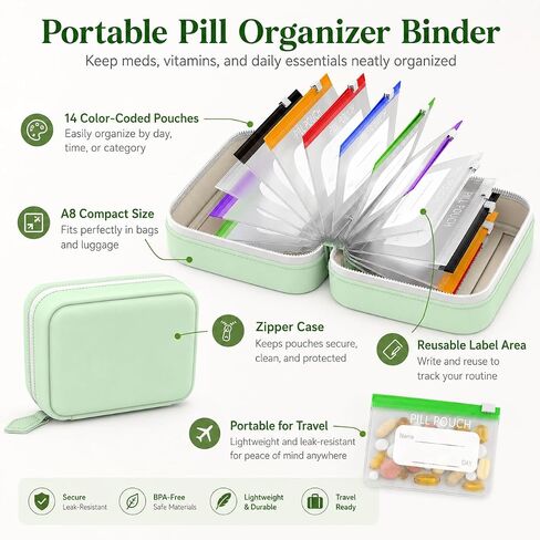 Waterproof Pill Organizer Binder with 14 Color-Coded Pouches, Green Travel Pill Organizer Pouch Set, Portable Pill Binder with Zipper Case for Meds, Vitamins, Supplements & Daily Essentials in Kuwait