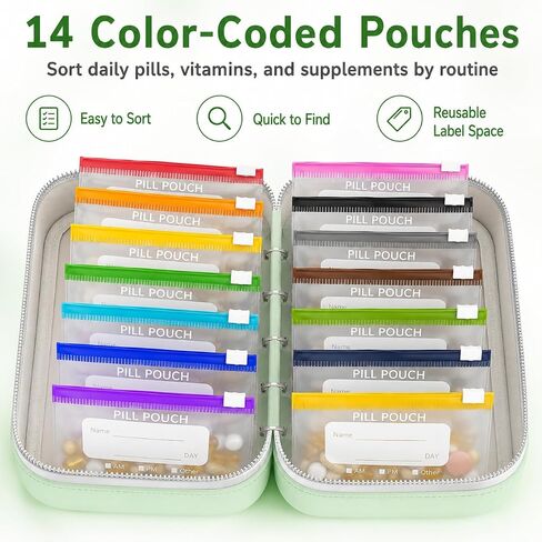 Waterproof Pill Organizer Binder with 14 Color-Coded Pouches, Green Travel Pill Organizer Pouch Set, Portable Pill Binder with Zipper Case for Meds, Vitamins, Supplements & Daily Essentials in Kuwait