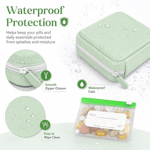 Waterproof Pill Organizer Binder with 14 Color-Coded Pouches, Green Travel Pill Organizer Pouch Set, Portable Pill Binder with Zipper Case for Meds, Vitamins, Supplements & Daily Essentials in Kuwait