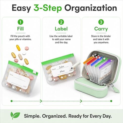 Waterproof Pill Organizer Binder with 14 Color-Coded Pouches, Green Travel Pill Organizer Pouch Set, Portable Pill Binder with Zipper Case for Meds, Vitamins, Supplements & Daily Essentials in Kuwait