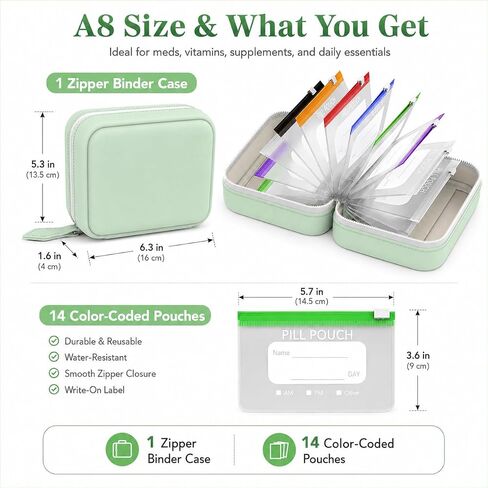 Waterproof Pill Organizer Binder with 14 Color-Coded Pouches, Green Travel Pill Organizer Pouch Set, Portable Pill Binder with Zipper Case for Meds, Vitamins, Supplements & Daily Essentials in Kuwait