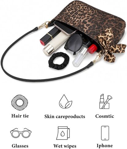 Women's Leopard Shoulder Bag with Detachable Bow Chain, Small Classic Purses Vegan Leather Clutch Tote HandBags in Saudi Arabia