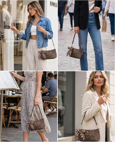 Women's Leopard Shoulder Bag with Detachable Bow Chain, Small Classic Purses Vegan Leather Clutch Tote HandBags in Saudi Arabia