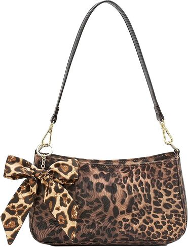 Women's Leopard Shoulder Bag with Detachable Bow Chain, Small Classic Purses Vegan Leather Clutch Tote HandBags in Saudi Arabia