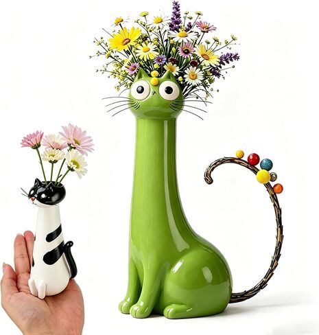 Handcrafted Ceramic Cat Vase, Whimsical Kitty Planter for Small Flowers, Boho Desk Shelf Decor, Unique Gift for Cat Lovers (Green) in Saudi Arabia