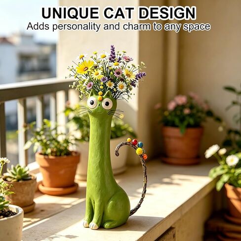 Handcrafted Ceramic Cat Vase, Whimsical Kitty Planter for Small Flowers, Boho Desk Shelf Decor, Unique Gift for Cat Lovers (Green) in Saudi Arabia