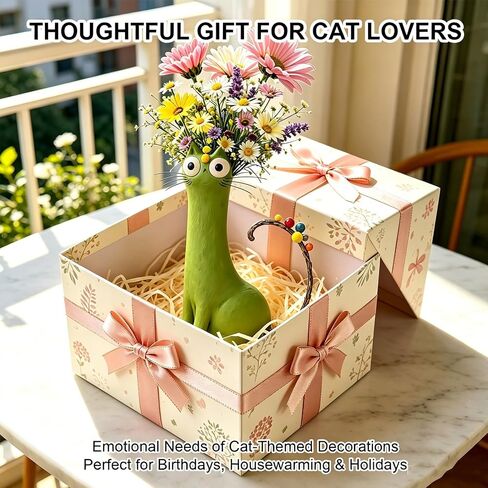 Handcrafted Ceramic Cat Vase, Whimsical Kitty Planter for Small Flowers, Boho Desk Shelf Decor, Unique Gift for Cat Lovers (Green) in Saudi Arabia