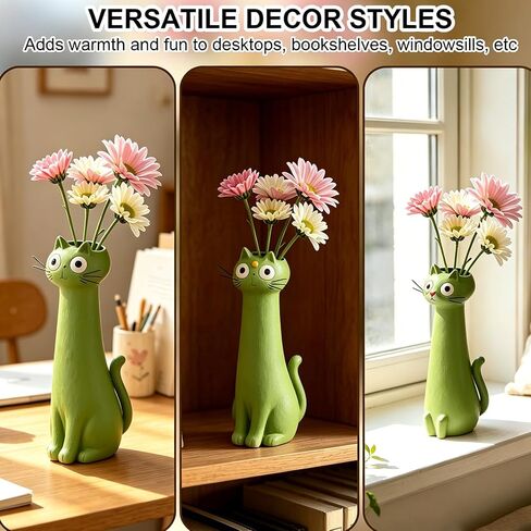Handcrafted Ceramic Cat Vase, Whimsical Kitty Planter for Small Flowers, Boho Desk Shelf Decor, Unique Gift for Cat Lovers (Green) in Saudi Arabia