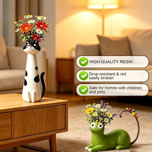 Handcrafted Ceramic Cat Vase, Whimsical Kitty Planter for Small Flowers, Boho Desk Shelf Decor, Unique Gift for Cat Lovers (Green) in Saudi Arabia