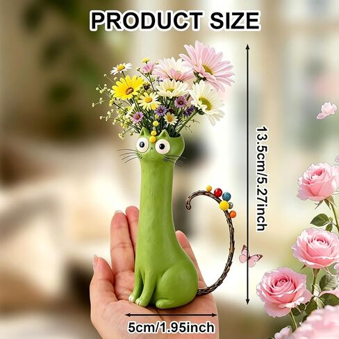 Handcrafted Ceramic Cat Vase, Whimsical Kitty Planter for Small Flowers, Boho Desk Shelf Decor, Unique Gift for Cat Lovers (Green) in Saudi Arabia