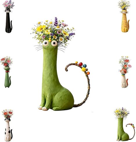 Handcrafted Ceramic Cat Vase, Whimsical Kitty Planter for Small Flowers, Boho Desk Shelf Decor, Unique Gift for Cat Lovers (Green) in Saudi Arabia