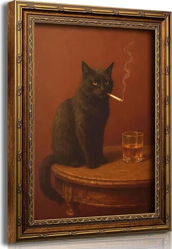 Electrilucn Vintage Gold Framed Black Cat Wall Art Humor Smoking Cat Portrait Canvas Prints Poster Moody Whimsical Animal Pictures Funny Rustic Wall Decor for Living Room Bedroom Bathroom 9x11in in Saudi Arabia