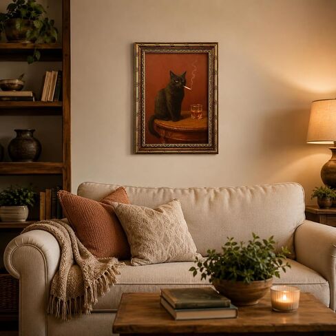 Electrilucn Vintage Gold Framed Black Cat Wall Art Humor Smoking Cat Portrait Canvas Prints Poster Moody Whimsical Animal Pictures Funny Rustic Wall Decor for Living Room Bedroom Bathroom 9x11in in Saudi Arabia