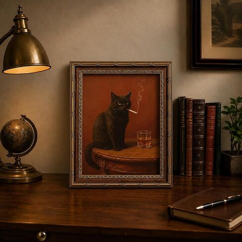 Electrilucn Vintage Gold Framed Black Cat Wall Art Humor Smoking Cat Portrait Canvas Prints Poster Moody Whimsical Animal Pictures Funny Rustic Wall Decor for Living Room Bedroom Bathroom 9x11in in Saudi Arabia