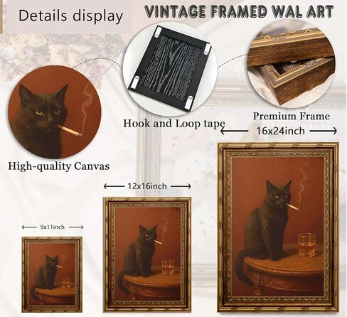 Electrilucn Vintage Gold Framed Black Cat Wall Art Humor Smoking Cat Portrait Canvas Prints Poster Moody Whimsical Animal Pictures Funny Rustic Wall Decor for Living Room Bedroom Bathroom 9x11in in Saudi Arabia