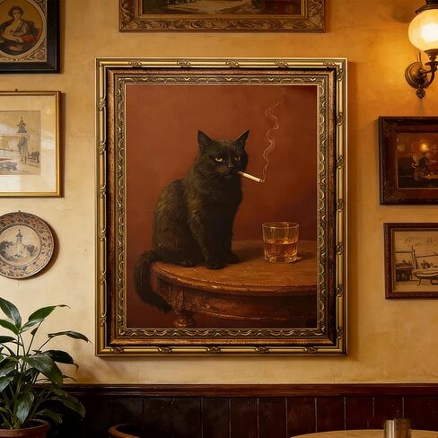 Electrilucn Vintage Gold Framed Black Cat Wall Art Humor Smoking Cat Portrait Canvas Prints Poster Moody Whimsical Animal Pictures Funny Rustic Wall Decor for Living Room Bedroom Bathroom 9x11in in Saudi Arabia