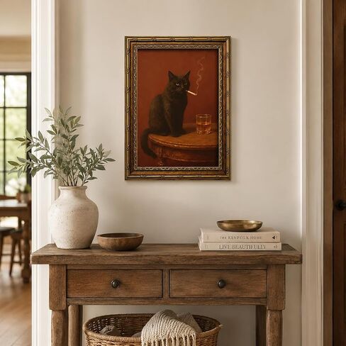 Electrilucn Vintage Gold Framed Black Cat Wall Art Humor Smoking Cat Portrait Canvas Prints Poster Moody Whimsical Animal Pictures Funny Rustic Wall Decor for Living Room Bedroom Bathroom 9x11in in Saudi Arabia