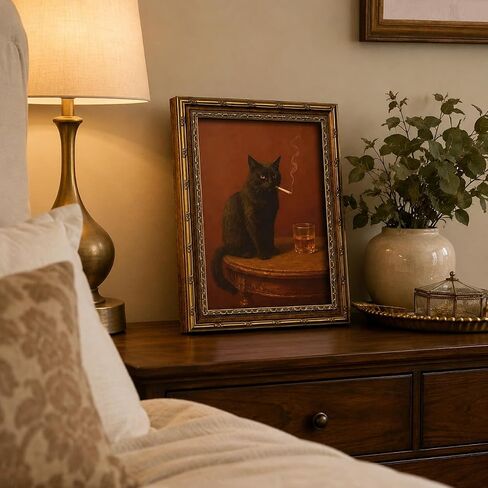 Electrilucn Vintage Gold Framed Black Cat Wall Art Humor Smoking Cat Portrait Canvas Prints Poster Moody Whimsical Animal Pictures Funny Rustic Wall Decor for Living Room Bedroom Bathroom 9x11in in Saudi Arabia