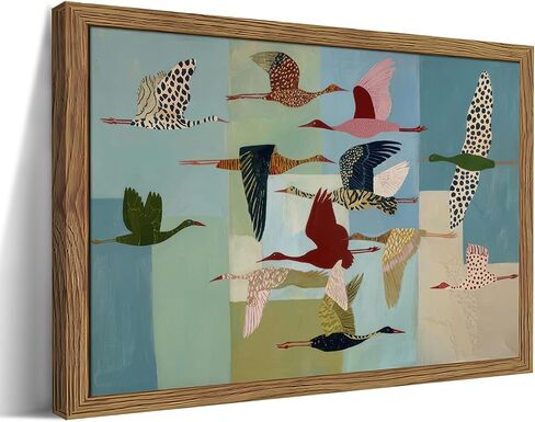 Vintage Wild Geese Wall Art, Neutral Abstract Flying BirdsFlying Birds Canvas Wall Decor Painting, Modern Colorful Geometric Animal Artwork Prints for Living Room Bedroom 12x16 Inch Wood Framed in Saudi Arabia