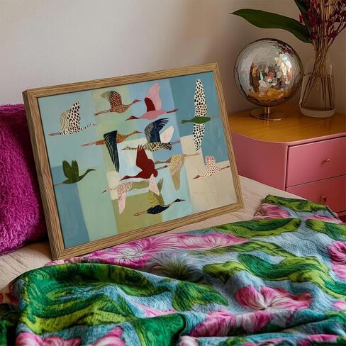 Vintage Wild Geese Wall Art, Neutral Abstract Flying BirdsFlying Birds Canvas Wall Decor Painting, Modern Colorful Geometric Animal Artwork Prints for Living Room Bedroom 12x16 Inch Wood Framed in Saudi Arabia
