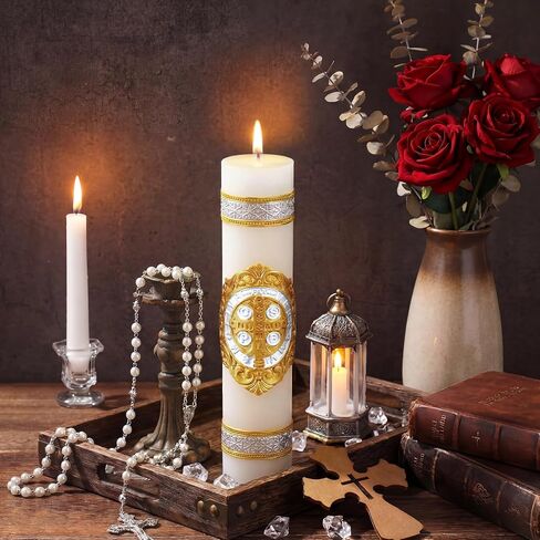 Conelist 8'' Cirios Religious Pascual Catolicos Medal Candle Catholic 2026 St Benedict Medals 3D Embossed Candles for Catholic First Communion Baptism Gift Baptism Prayer Easter Party Decoration in Kuwait
