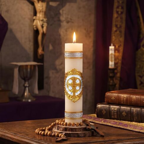 Conelist 8'' Cirios Religious Pascual Catolicos Medal Candle Catholic 2026 St Benedict Medals 3D Embossed Candles for Catholic First Communion Baptism Gift Baptism Prayer Easter Party Decoration in Kuwait