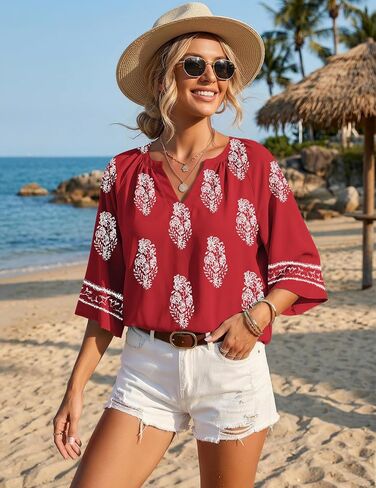 Womens V Neck Floral Print Boho Tunic Tops Spring 3/4 Length Sleeve Blouses Tops Puff-Sleeve Flowy Pleated T-Shirt Trendy Clothes(1-Multi Wine,XX-Large) in Saudi Arabia