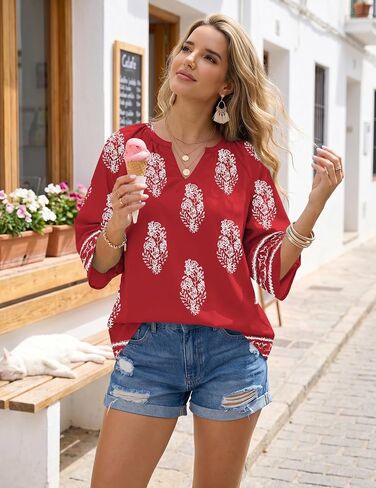 Womens V Neck Floral Print Boho Tunic Tops Spring 3/4 Length Sleeve Blouses Tops Puff-Sleeve Flowy Pleated T-Shirt Trendy Clothes(1-Multi Wine,XX-Large) in Saudi Arabia