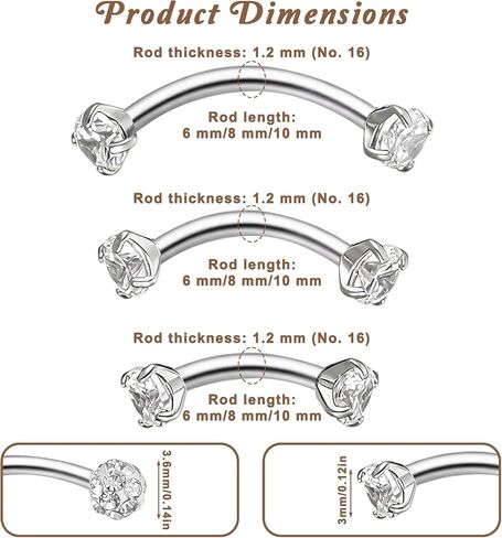 Tucnoeu Internally Threaded Eyebrow Piercing Jewelry, 16G 6mm 8mm 10mm Surgical Steel Silver Eyebrow Rings for Women Men, CZ Tiny Labret Lip Daith Navel Belly Button Helix Tragus Piercing Jewelry in Kuwait