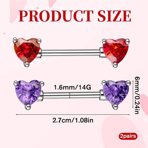 14G Titanium Nipple Barbell Internally Threaded – Heart CZ, Implant Grade Ti, Multipurpose for Rook Tragus Daith Body Piercing Jewelry in Saudi Arabia