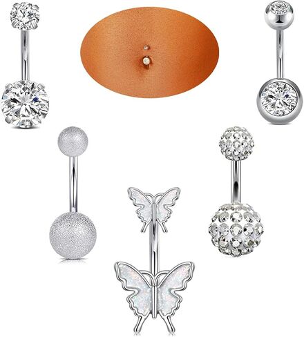 5 Pcs Belly Button Rings Set - 14G Hypoallergenic Surgical Steel CZ Navel Piercing Jewelry, Silver Clicker Belly Rings for Women, Butterfly & Ball Design Belly Rings in Saudi Arabia