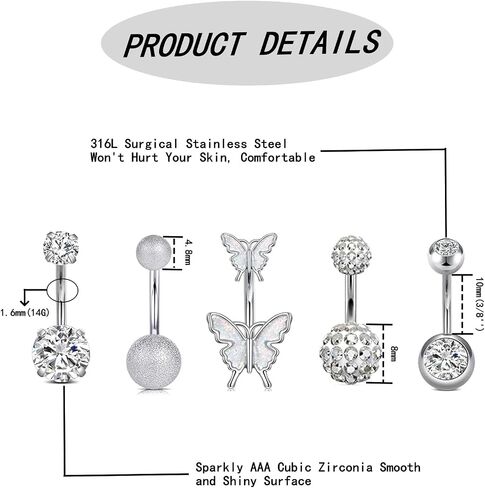 5 Pcs Belly Button Rings Set - 14G Hypoallergenic Surgical Steel CZ Navel Piercing Jewelry, Silver Clicker Belly Rings for Women, Butterfly & Ball Design Belly Rings in Saudi Arabia