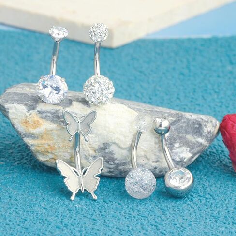 5 Pcs Belly Button Rings Set - 14G Hypoallergenic Surgical Steel CZ Navel Piercing Jewelry, Silver Clicker Belly Rings for Women, Butterfly & Ball Design Belly Rings in Saudi Arabia