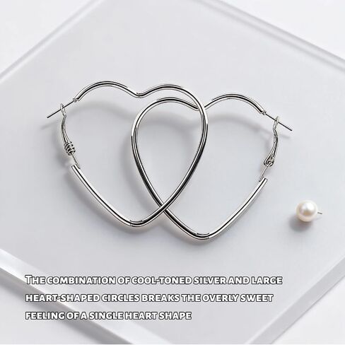 Heart Shaped Hoop Earrings Stainless Steel Silver Plated Drop Earrings Hypoallergenic and Lightweight Fashion Jewelry 1 Pair-Silvery in Saudi Arabia