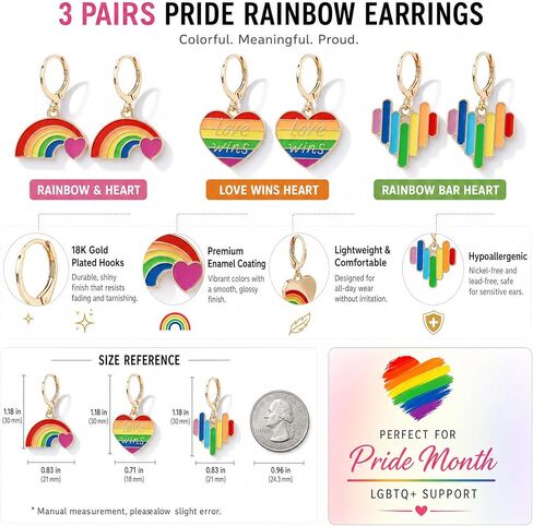 3 Pairs Rainbow Pride Earrings, LGBTQ Love Wins Colorful Enamel Earrings for Women LGBTQ Jewelry Gifts in Saudi Arabia