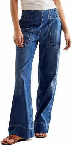 People Free Jeans, People Free Dupes, Womens Mid Rise Wide Leg Pants Casual Baggy Cropped Barrel Jeans Trendy Long Denim Pants with Pockets in Saudi Arabia