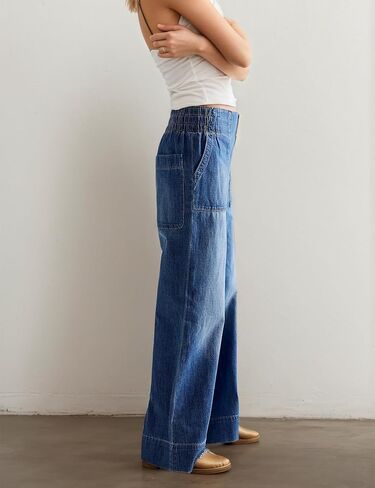 People Free Jeans, People Free Dupes, Womens Mid Rise Wide Leg Pants Casual Baggy Cropped Barrel Jeans Trendy Long Denim Pants with Pockets in Saudi Arabia