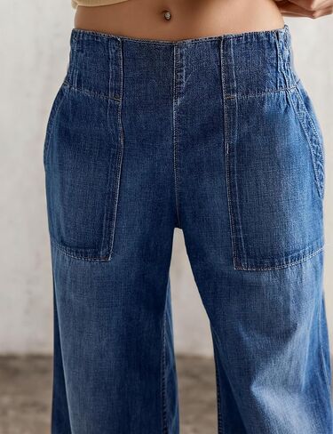 People Free Jeans, People Free Dupes, Womens Mid Rise Wide Leg Pants Casual Baggy Cropped Barrel Jeans Trendy Long Denim Pants with Pockets in Saudi Arabia