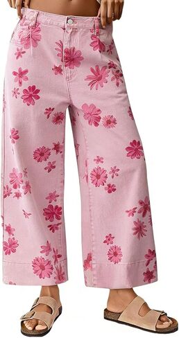 CHARTOU Women Summer Wide Leg Crop Denim Pants Back Elastic Waist Boho Floral Ankle Jeans in Kuwait