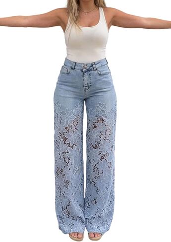 Molisry Women's Lace Floral Jeans Embellished Jeans Hollow Out Straight Leg Trendy Denim Baggy Pants in Saudi Arabia
