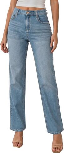 Women's Straight Leg Jeans Stretchy Flex Denim Mid Waist Pants Trendy Casual Loose Fit Trouser with Pockets in Saudi Arabia