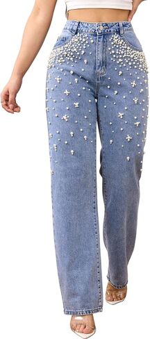 Pearl Jeans for Women High Waisted Straight Wide Leg Denim Pants Trendy Rhinestones Embellished Jeans in Saudi Arabia