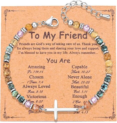 GAUEIOUR Cross Natural Stone Bracelet for Women,Birthday Easter Baptism Stainless Steel Cross Christian Religious Faith Bracelet,To My Friend Inspirational Scripture Positive Memory Jewelry Gift in Saudi Arabia