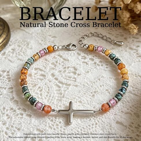 GAUEIOUR Cross Natural Stone Bracelet for Women,Birthday Easter Baptism Stainless Steel Cross Christian Religious Faith Bracelet,To My Friend Inspirational Scripture Positive Memory Jewelry Gift in Saudi Arabia